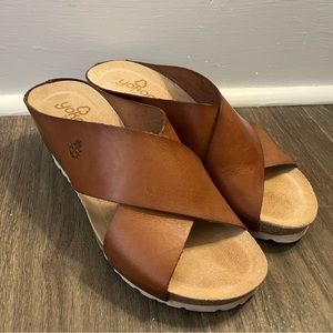 YOKONO Crossover Comfort Slide Sandal Genuine Leather & Cork Platform Wedge 8
